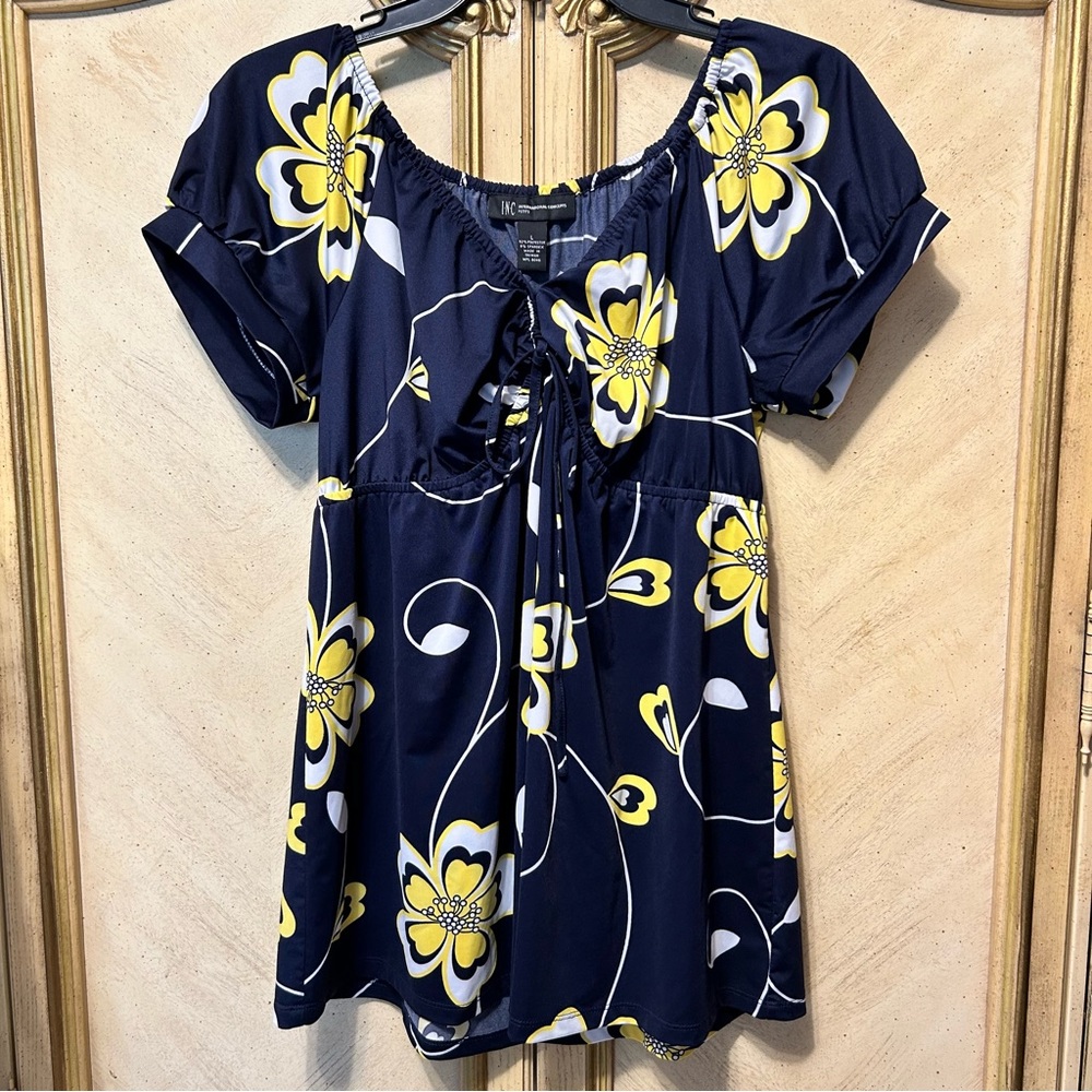 INC Blue Yellow White Floral Tie Front Short Sleeve Blouse Large